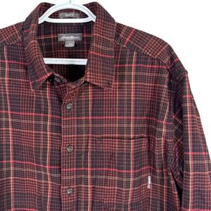 Eddie Bauer Flannel Shirt Button Down Mens XLT Burgundy Black Plaid Classic Fit